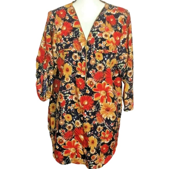 🖤MPH Collection Women Tunic Shirt Size 2X Zipper Floral Flower Pockets Roll Tab - Picture 1 of 9